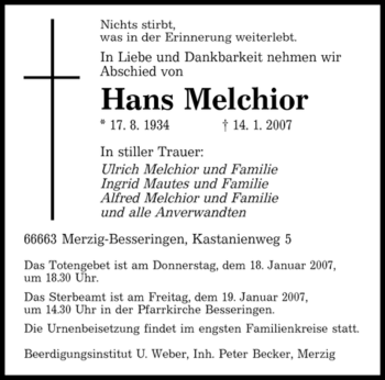 Traueranzeige von Hans Melchior von SAARBRÜCKER ZEITUNG