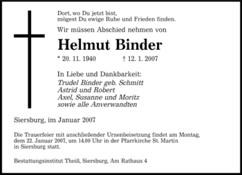 Traueranzeige von Helmut Binder von SAARBRÜCKER ZEITUNG