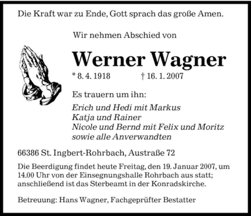  Traueranzeige für Werner Wagner vom 19.01.2007 aus SAARBRÜCKER ZEITUNG