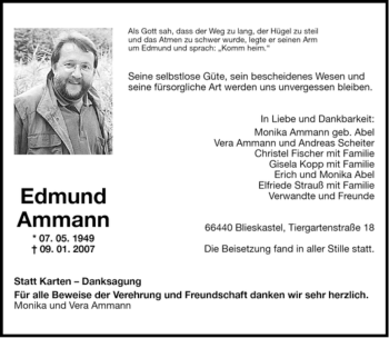 Traueranzeige von Ammann Edmund von SAARBRÜCKER ZEITUNG