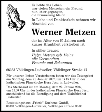 Traueranzeige von Werner Metzen von SAARBRÜCKER ZEITUNG