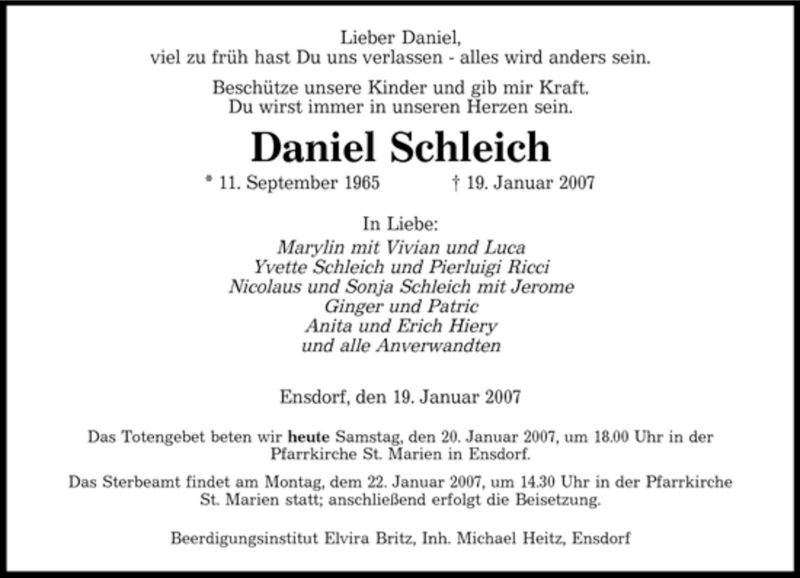  Traueranzeige für Daniel Schleich vom 20.01.2007 aus SAARBRÜCKER ZEITUNG
