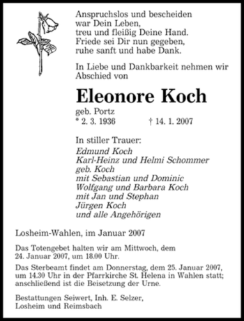 Traueranzeige von Eleonore Koch von SAARBRÜCKER ZEITUNG