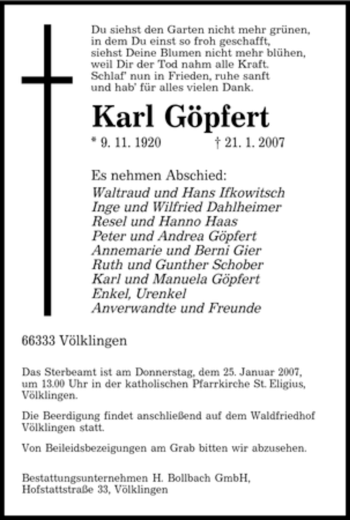 Traueranzeige von Karl Göpfert von SAARBRÜCKER ZEITUNG