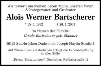 Traueranzeige von Alios Werner Bartscherer von SAARBRÜCKER ZEITUNG