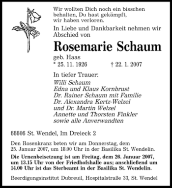 Traueranzeige von Rosemarie Schaum von SAARBRÜCKER ZEITUNG