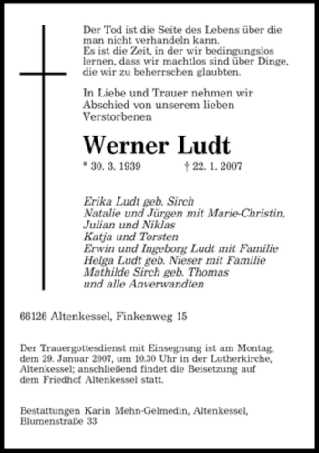 Traueranzeige von Werner Ludt von SAARBRÜCKER ZEITUNG