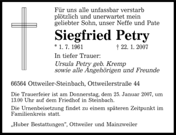 Traueranzeige von Siegfried Petry von SAARBRÜCKER ZEITUNG