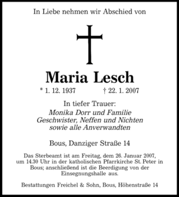 Traueranzeige von Maria Lesch von SAARBRÜCKER ZEITUNG