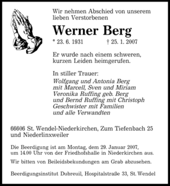 Traueranzeige von Werner Berg von SAARBRÜCKER ZEITUNG