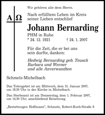 Traueranzeige von Johann Bernarding von SAARBRÜCKER ZEITUNG
