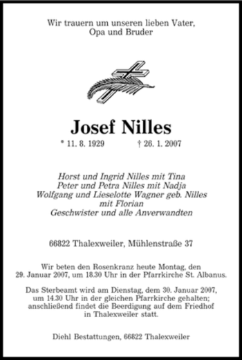 Traueranzeige von Josef Nilles von SAARBRÜCKER ZEITUNG