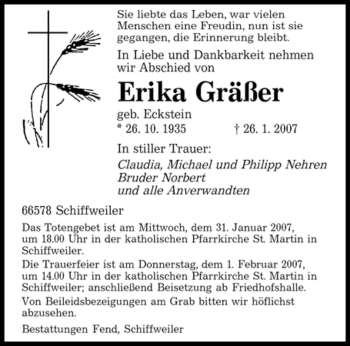 Traueranzeige von Erika Gräßer von SAARBRÜCKER ZEITUNG