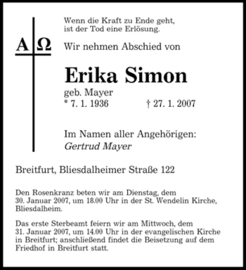 Traueranzeige von Erika Simon von SAARBRÜCKER ZEITUNG