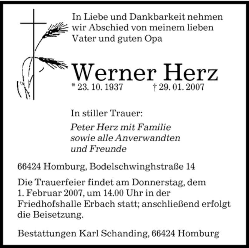  Traueranzeige für Werner Herz vom 30.01.2007 aus SAARBRÜCKER ZEITUNG