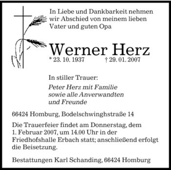 Traueranzeige von Werner Herz von SAARBRÜCKER ZEITUNG