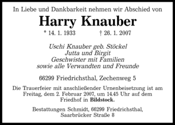 Traueranzeige von Harry Knauber von SAARBRÜCKER ZEITUNG