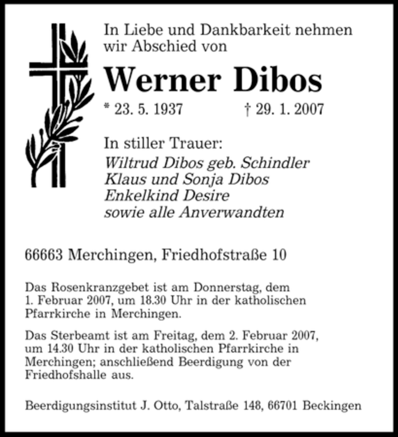  Traueranzeige für Werner Dibos vom 31.01.2007 aus SAARBRÜCKER ZEITUNG