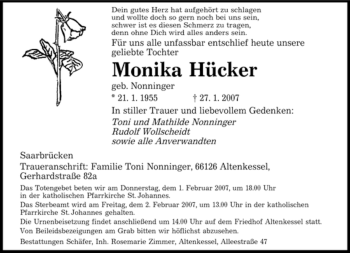 Traueranzeige von Monika Hücker von SAARBRÜCKER ZEITUNG