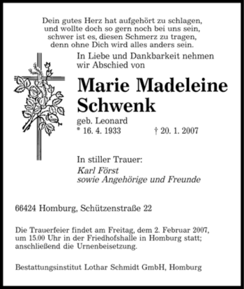 Traueranzeige von Marie Madeleine Schwenk von SAARBRÜCKER ZEITUNG