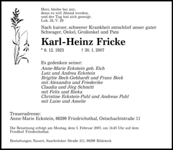 Traueranzeige von Karl-Heinz Fricke von SAARBRÜCKER ZEITUNG