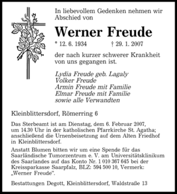 Traueranzeige von Werner Freude von SAARBRÜCKER ZEITUNG