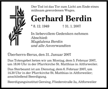 Traueranzeige von Gerhard Berdin von SAARBRÜCKER ZEITUNG