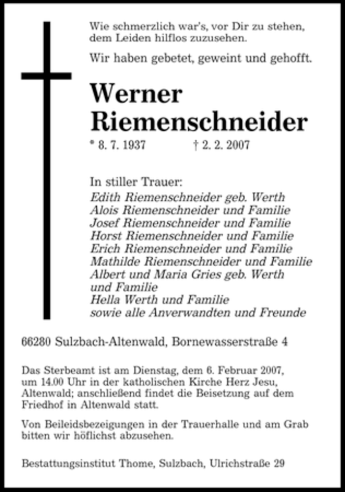  Traueranzeige für Werner Riemenschneider vom 05.02.2007 aus SAARBRÜCKER ZEITUNG