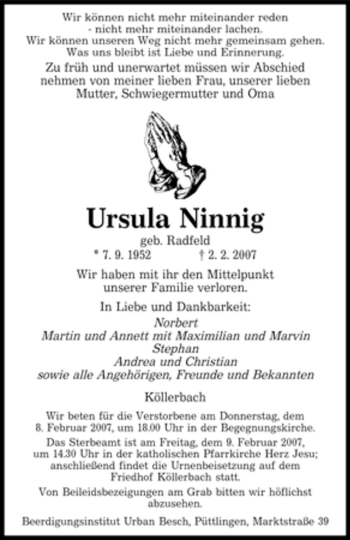 Traueranzeige von Ursula Ninnig von SAARBRÜCKER ZEITUNG