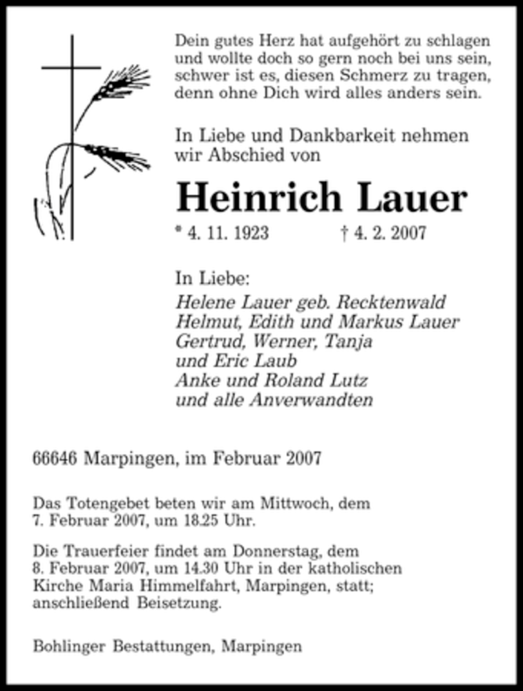  Traueranzeige für Heinrich Lauer vom 06.02.2007 aus SAARBRÜCKER ZEITUNG