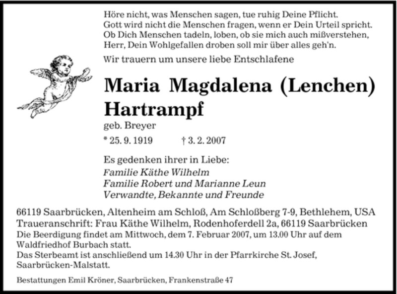  Traueranzeige für Maria Magdalena Hartrampf vom 06.02.2007 aus SAARBRÜCKER ZEITUNG