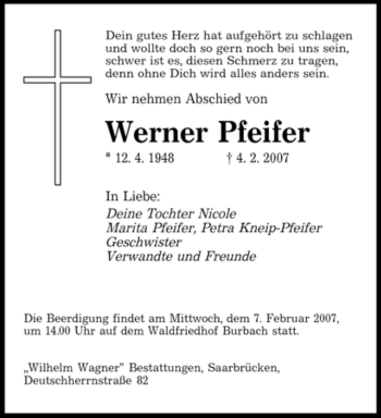 Traueranzeige von Werner Pfeifer von SAARBRÜCKER ZEITUNG
