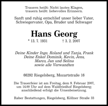 Traueranzeige von Hans Georg von SAARBRÜCKER ZEITUNG