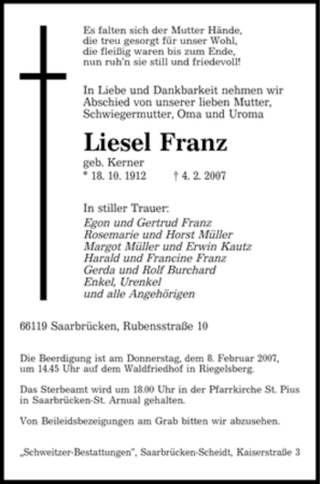 Traueranzeige von Liesel Franz von SAARBRÜCKER ZEITUNG