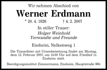 Traueranzeige von Werner Erdmann von SAARBRÜCKER ZEITUNG