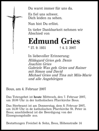 Traueranzeige von Edmund Gries von SAARBRÜCKER ZEITUNG