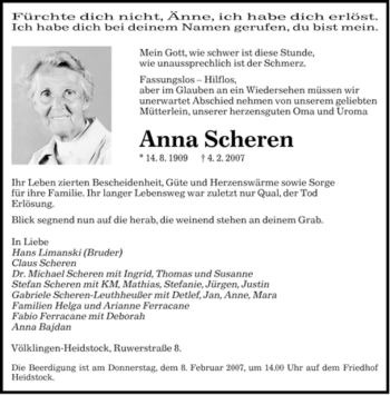 Traueranzeige von Anna Scheren von SAARBRÜCKER ZEITUNG