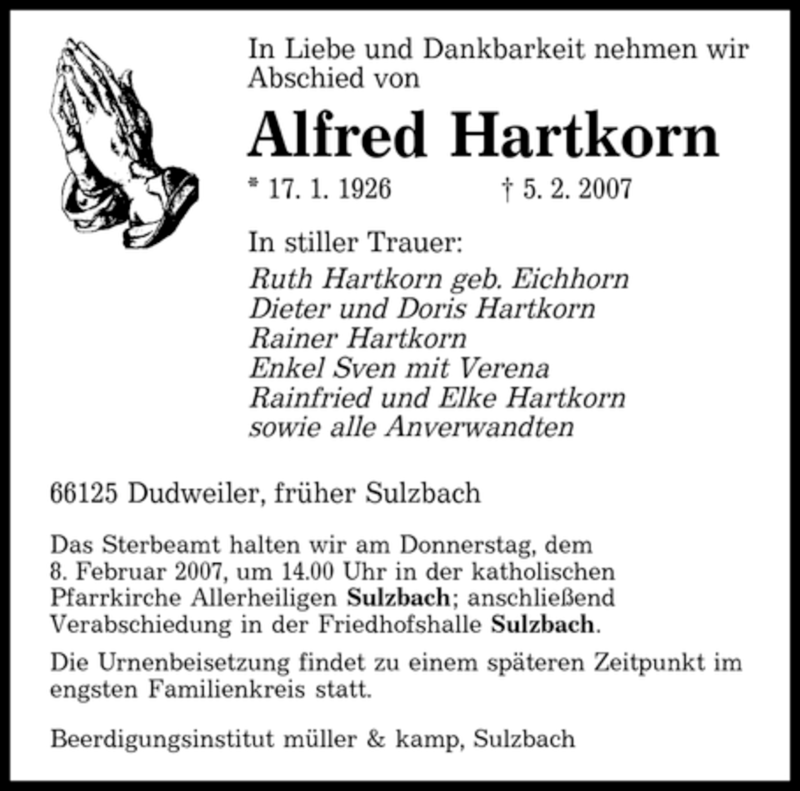  Traueranzeige für Alfred Hartkorn vom 07.02.2007 aus SAARBRÜCKER ZEITUNG