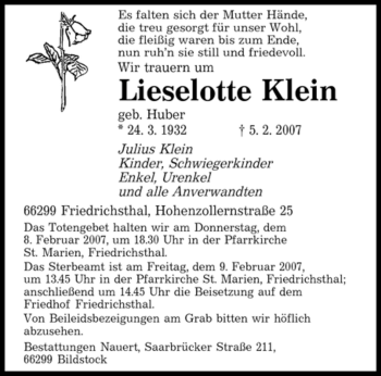 Traueranzeige von Lieselotte Klein von SAARBRÜCKER ZEITUNG