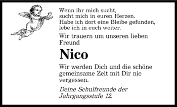 Traueranzeige von Nico Wir werden Dich und die schË?ne gemeinsame Zeit mit Dir Nico von SAARBRÜCKER ZEITUNG