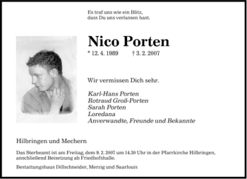 Traueranzeige von Nico Porten von SAARBRÜCKER ZEITUNG