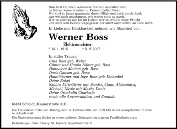 Traueranzeige von Werner Boss von SAARBRÜCKER ZEITUNG