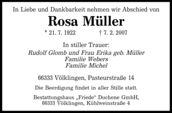 Traueranzeige von Rosa Müller von SAARBRÜCKER ZEITUNG