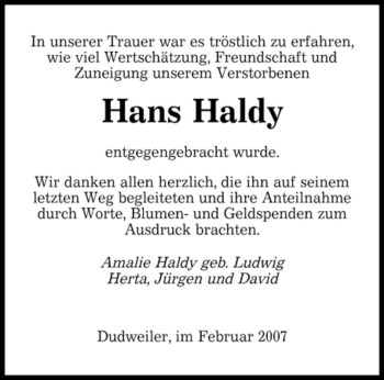Traueranzeige von Hans Haldy von SAARBRÜCKER ZEITUNG