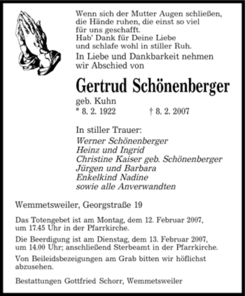 Traueranzeige von Getrud Schönenberger von SAARBRÜCKER ZEITUNG