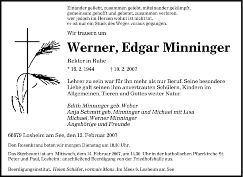  Traueranzeige für Werner Edgar Minninger vom 12.02.2007 aus SAARBRÜCKER ZEITUNG
