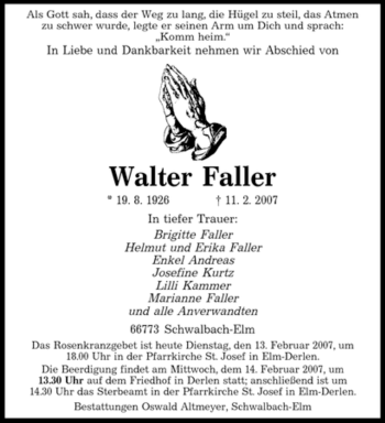Traueranzeige von Walter Faller von SAARBRÜCKER ZEITUNG