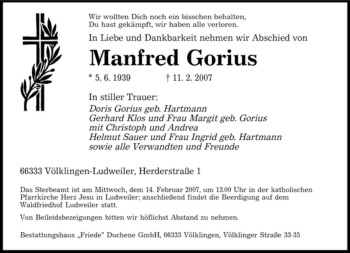 Traueranzeige von Manfred Gorius von SAARBRÜCKER ZEITUNG
