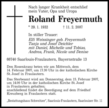 Traueranzeige von Roland Freyermuth von SAARBRÜCKER ZEITUNG