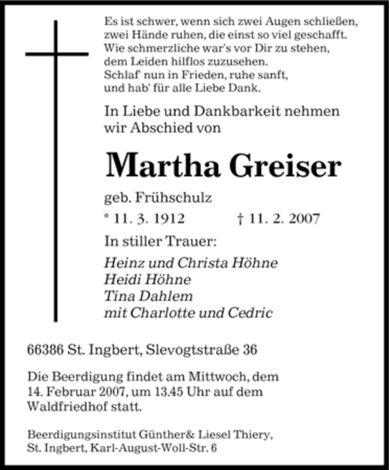  Traueranzeige für Martha Greiser vom 13.02.2007 aus SAARBRÜCKER ZEITUNG